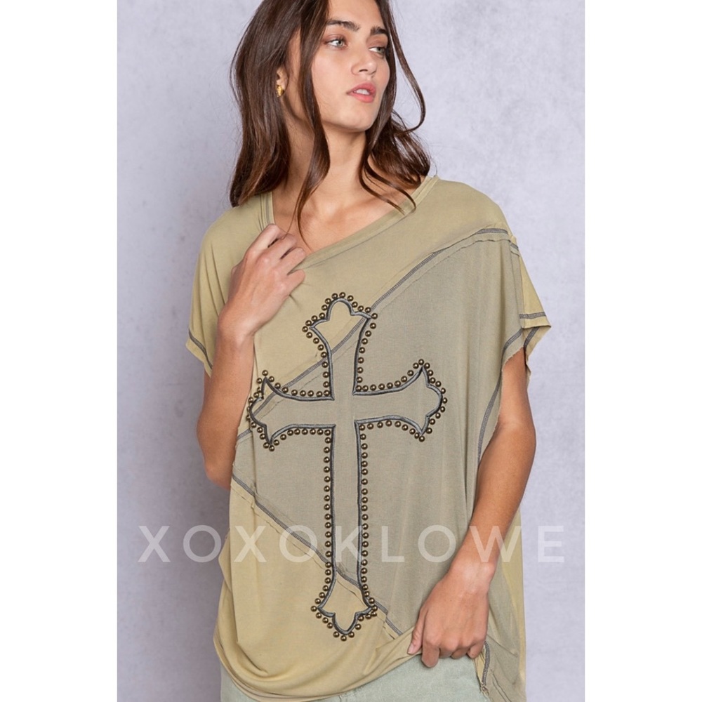 POL Olive Two Tone Studded & Embroidered Cross Top - Picture 3 of 14